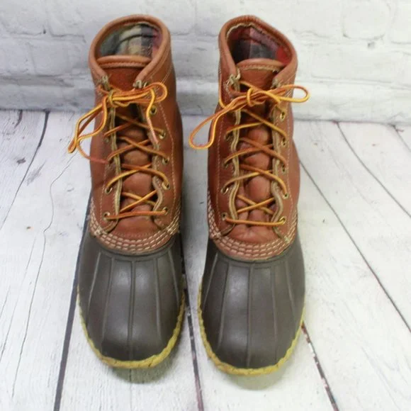 LL Bean Brown Leather Lace Up Plaid Lined Ankle Duck Boots Size 9 M - Picture 5 of 9